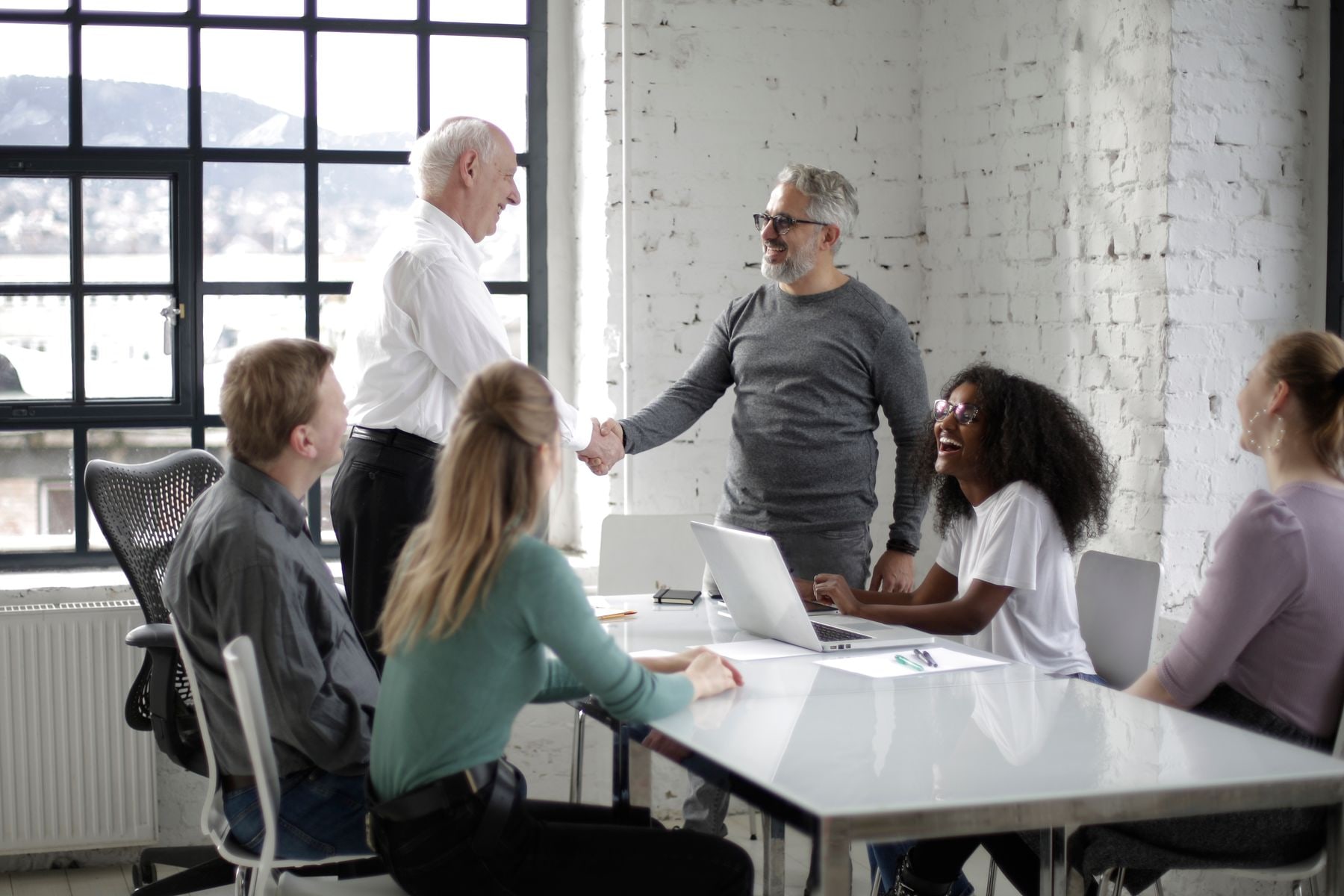 International business professionals meeting and shaking hands
